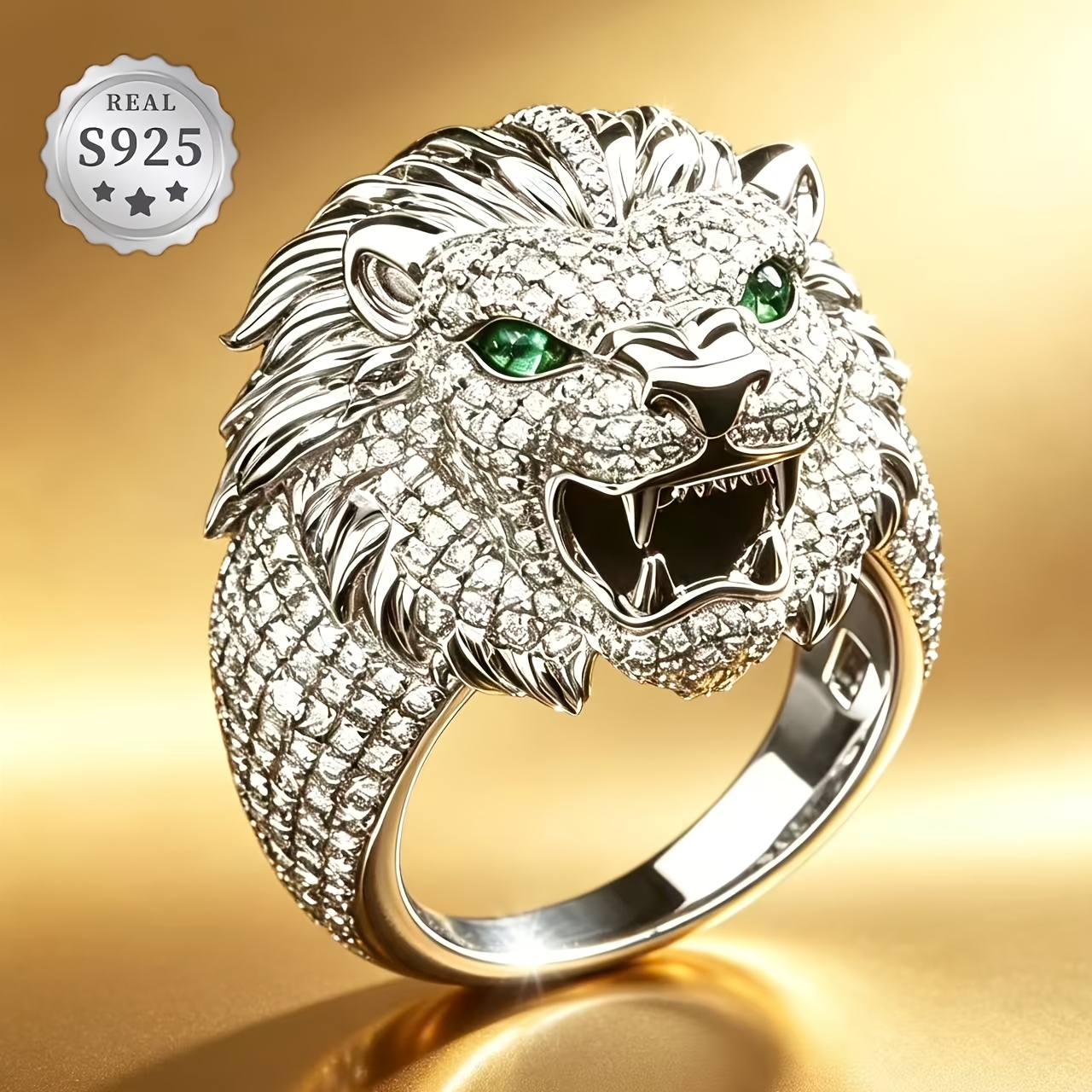 Retro S925 3D Carved Lion Head Ring with Moissanite